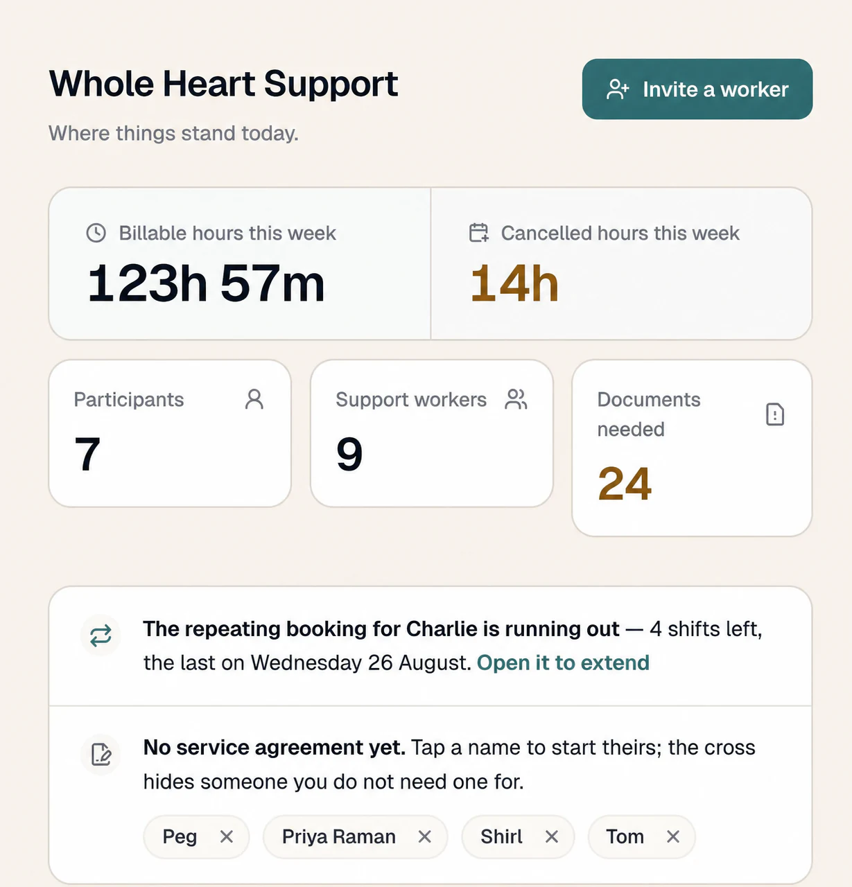 Sparks Provider Today screen with billable hours, participants, workers, documents and reminders